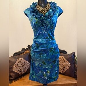 London Times Vintage Satin Ruched Blue Floral Ruffle Neckline Dress Size 10